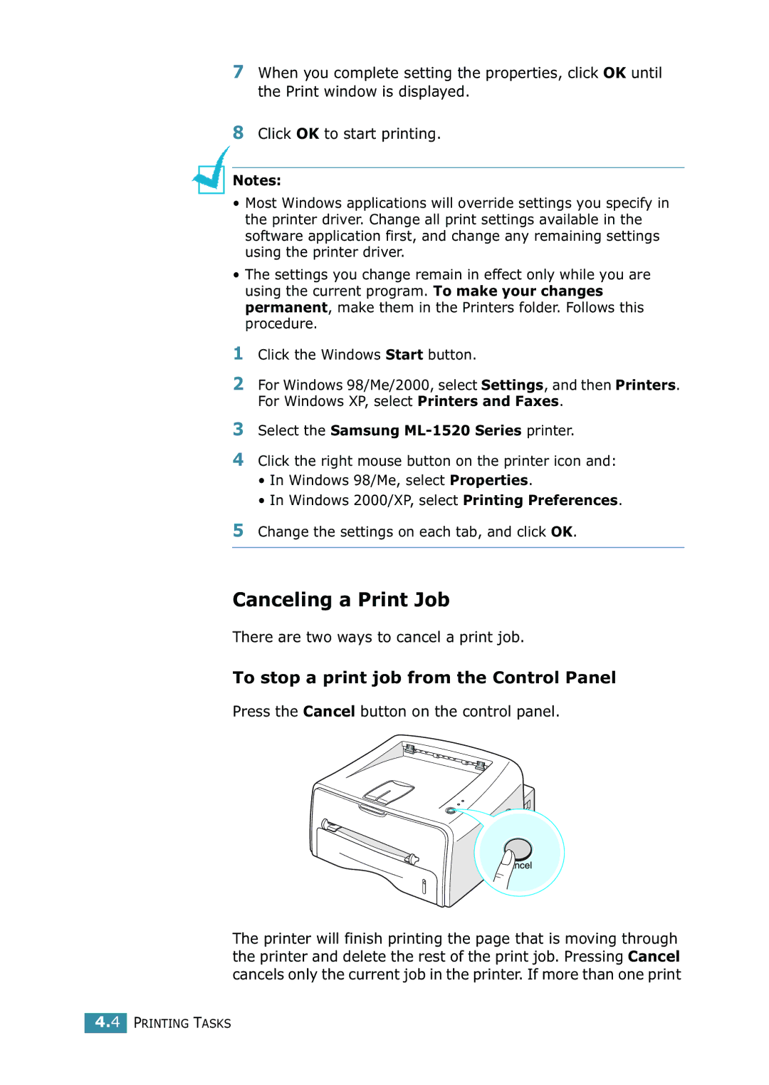 Samsung ML-1520 manual Canceling a Print Job, To stop a print job from the Control Panel 