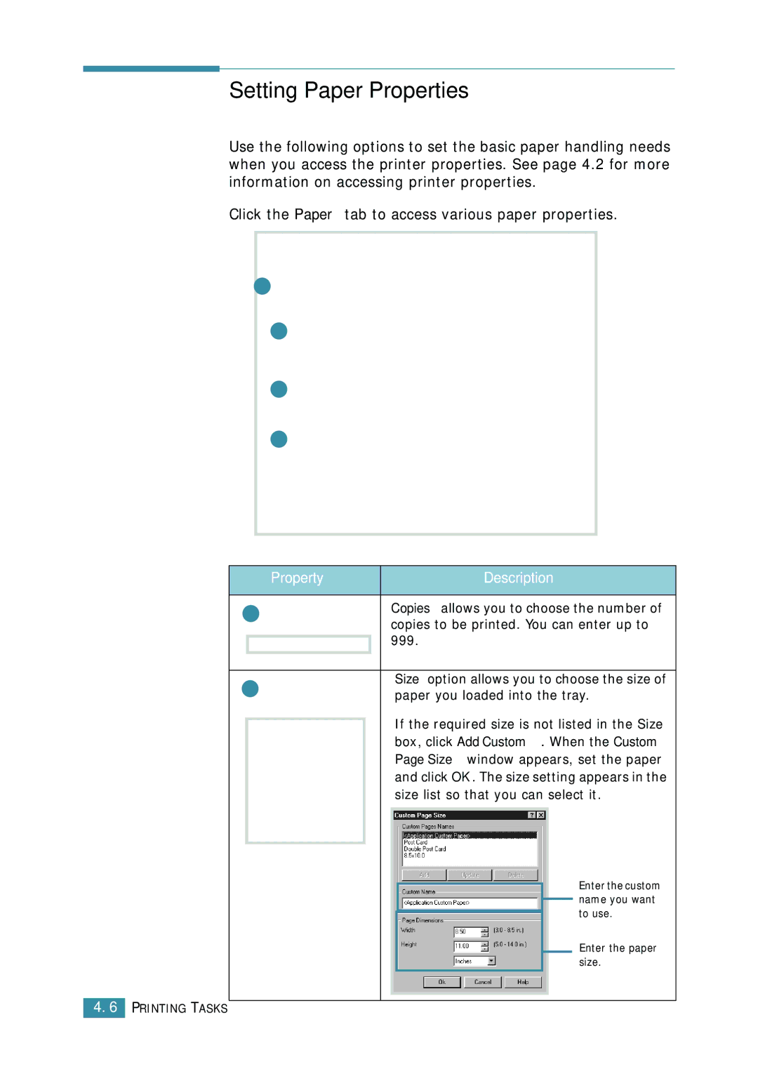 Samsung ML-1520 manual Setting Paper Properties, Property Description 