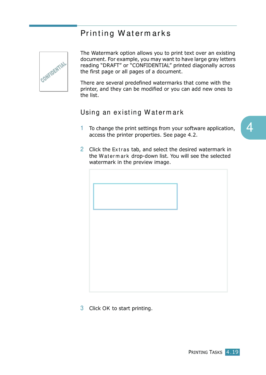 Samsung ML-1520 manual Printing Watermarks, Using an existing Watermark 