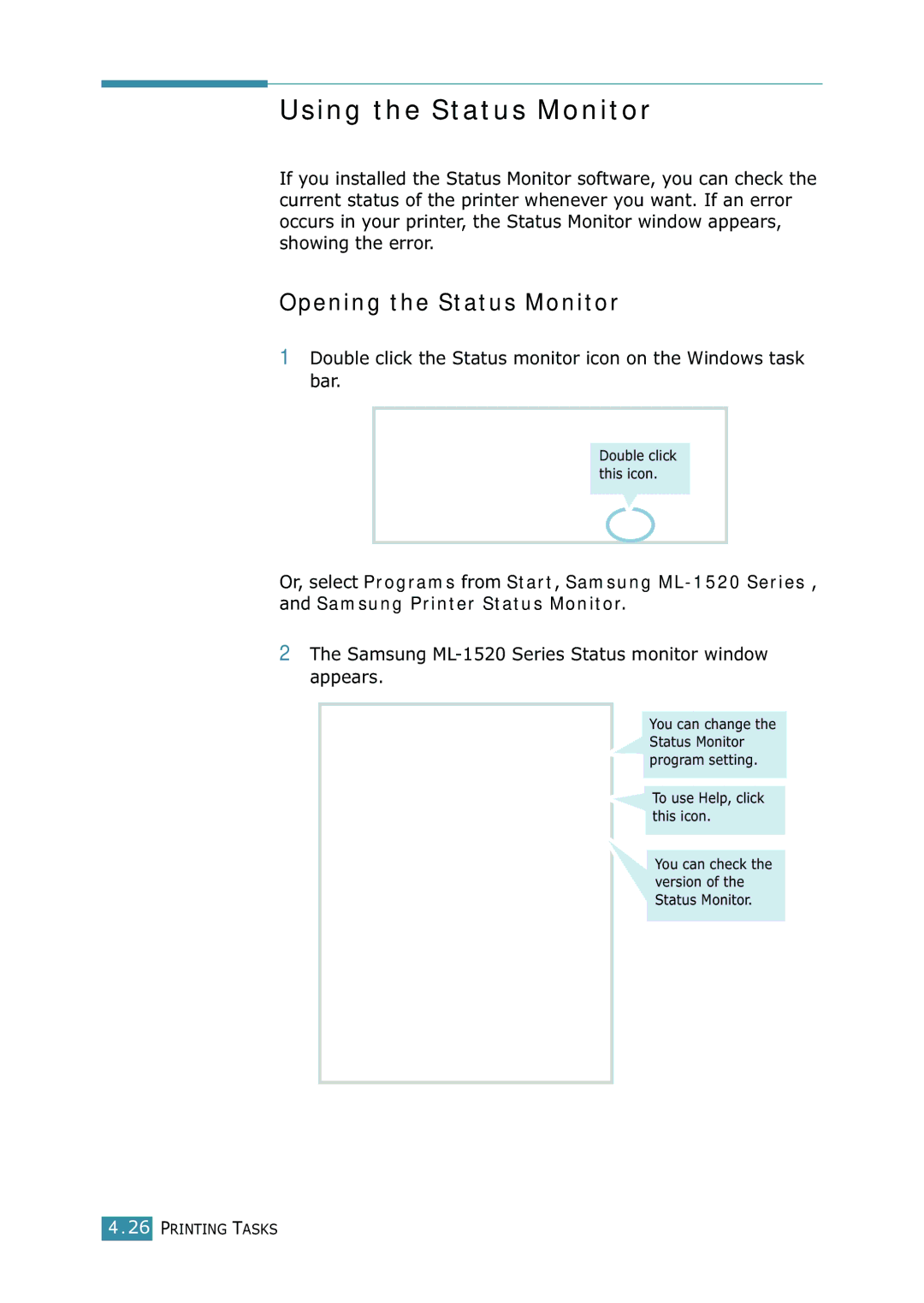 Samsung Using the Status Monitor, Opening the Status Monitor, Samsung ML-1520 Series Status monitor window appears 