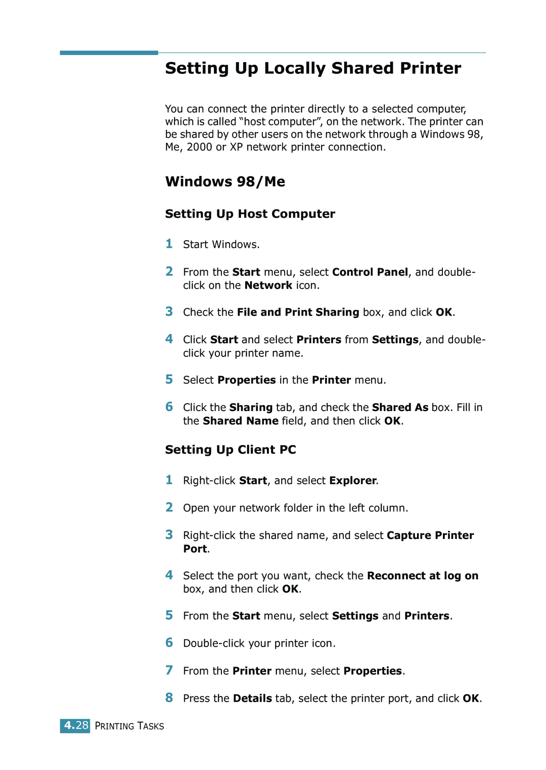 Samsung ML-1520 manual Setting Up Locally Shared Printer, Windows 98/Me, Setting Up Host Computer, Setting Up Client PC 