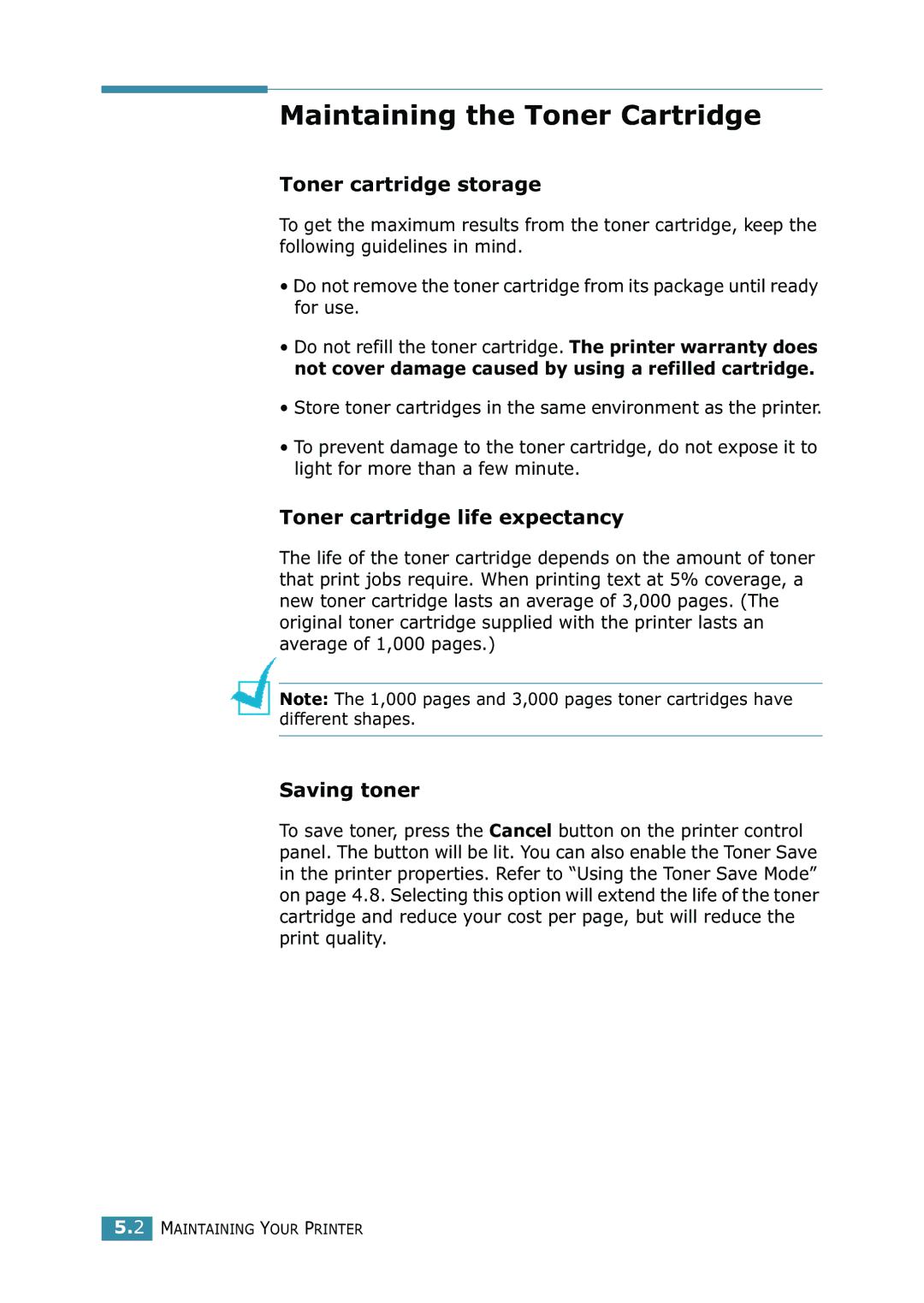 Samsung ML-1520 Maintaining the Toner Cartridge, Toner cartridge storage, Toner cartridge life expectancy, Saving toner 