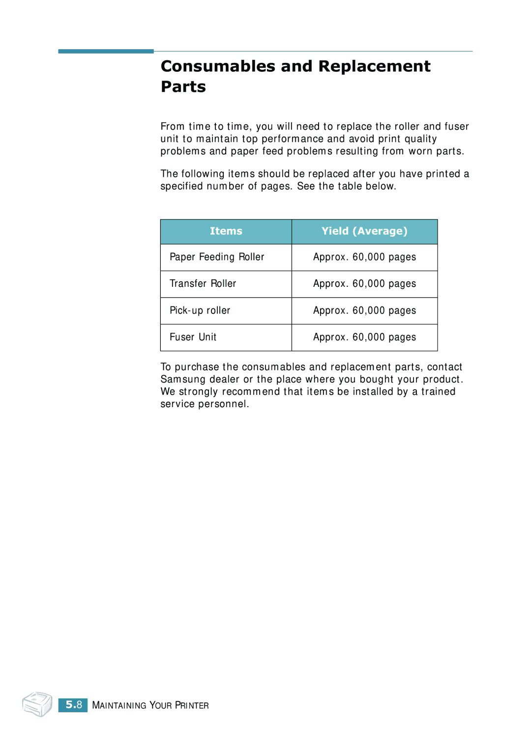 Samsung ML-1520 manual Consumables and Replacement Parts, Items Yield Average 