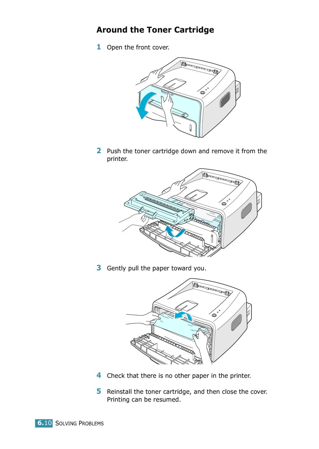 Samsung ML-1520 manual Around the Toner Cartridge, Open the front cover, Gently pull the paper toward you, Solving Problems 