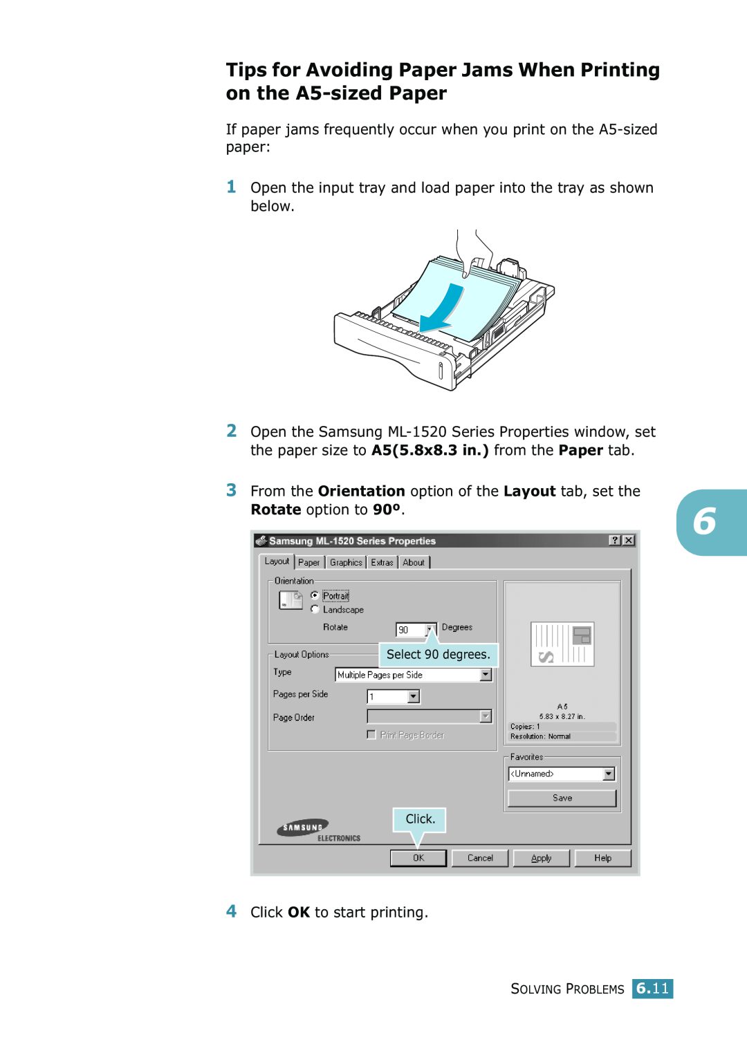 Samsung ML-1520 manual Tips for Avoiding Paper Jams When Printing on the A5-sized Paper, Rotate option to 90º 