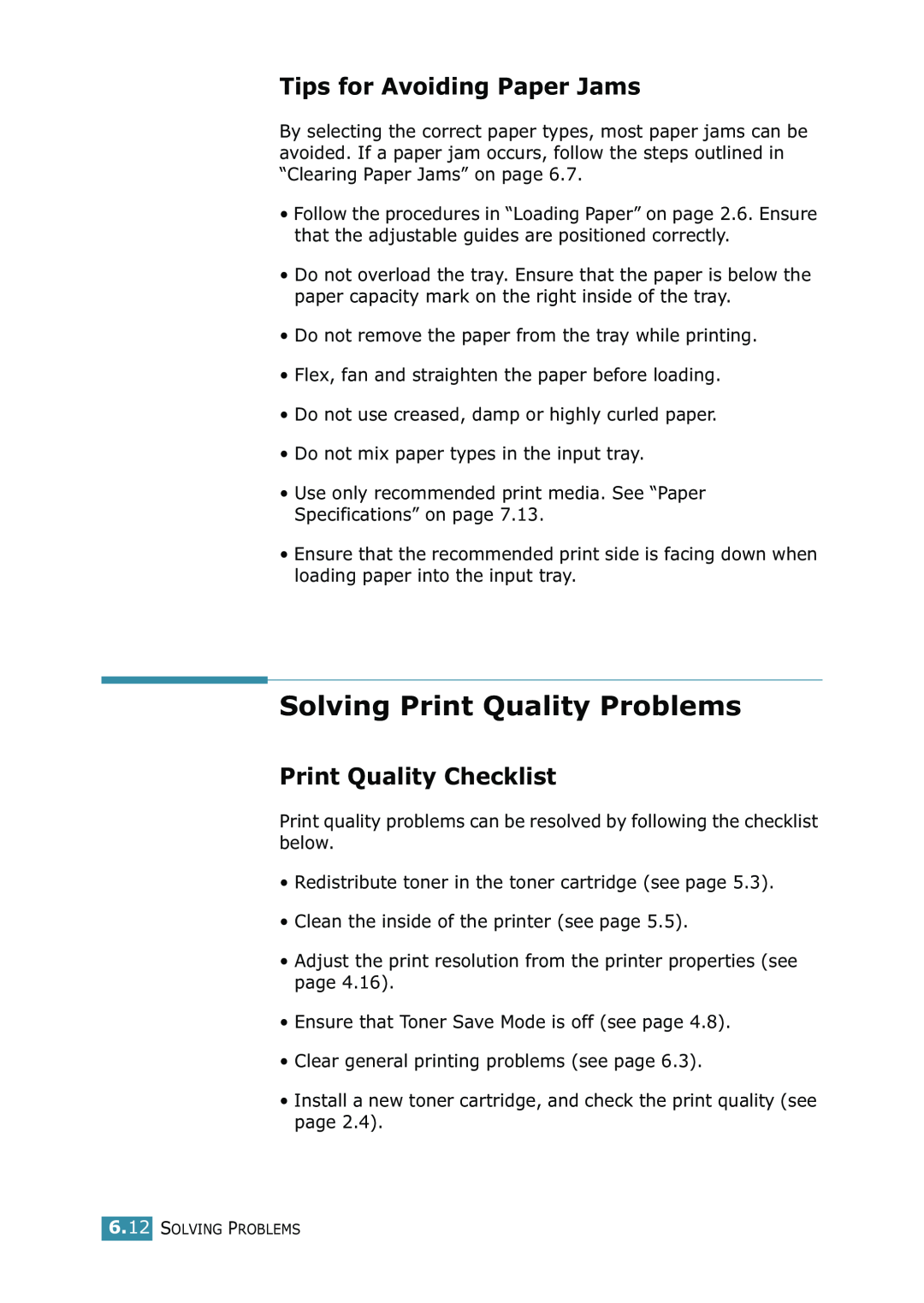 Samsung ML-1520 manual Solving Print Quality Problems, Tips for Avoiding Paper Jams, Print Quality Checklist 