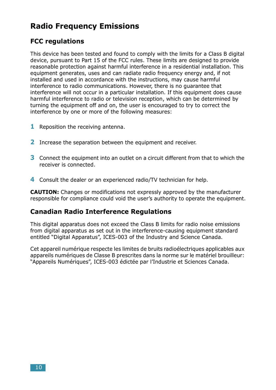 Samsung ML-1520 manual Radio Frequency Emissions, FCC regulations, Canadian Radio Interference Regulations 