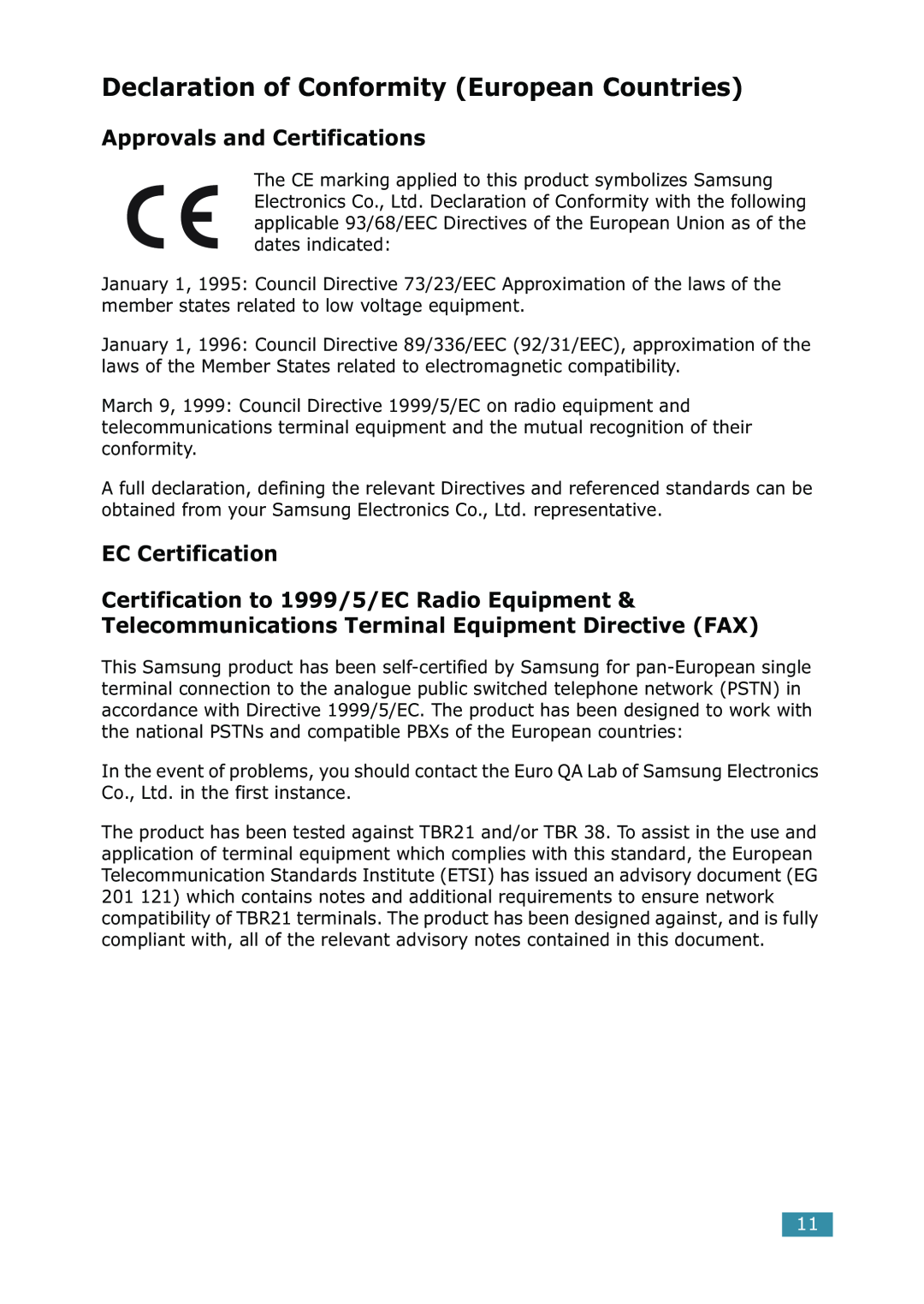 Samsung ML-1520 manual Declaration of Conformity European Countries, Approvals and Certifications, EC Certification 