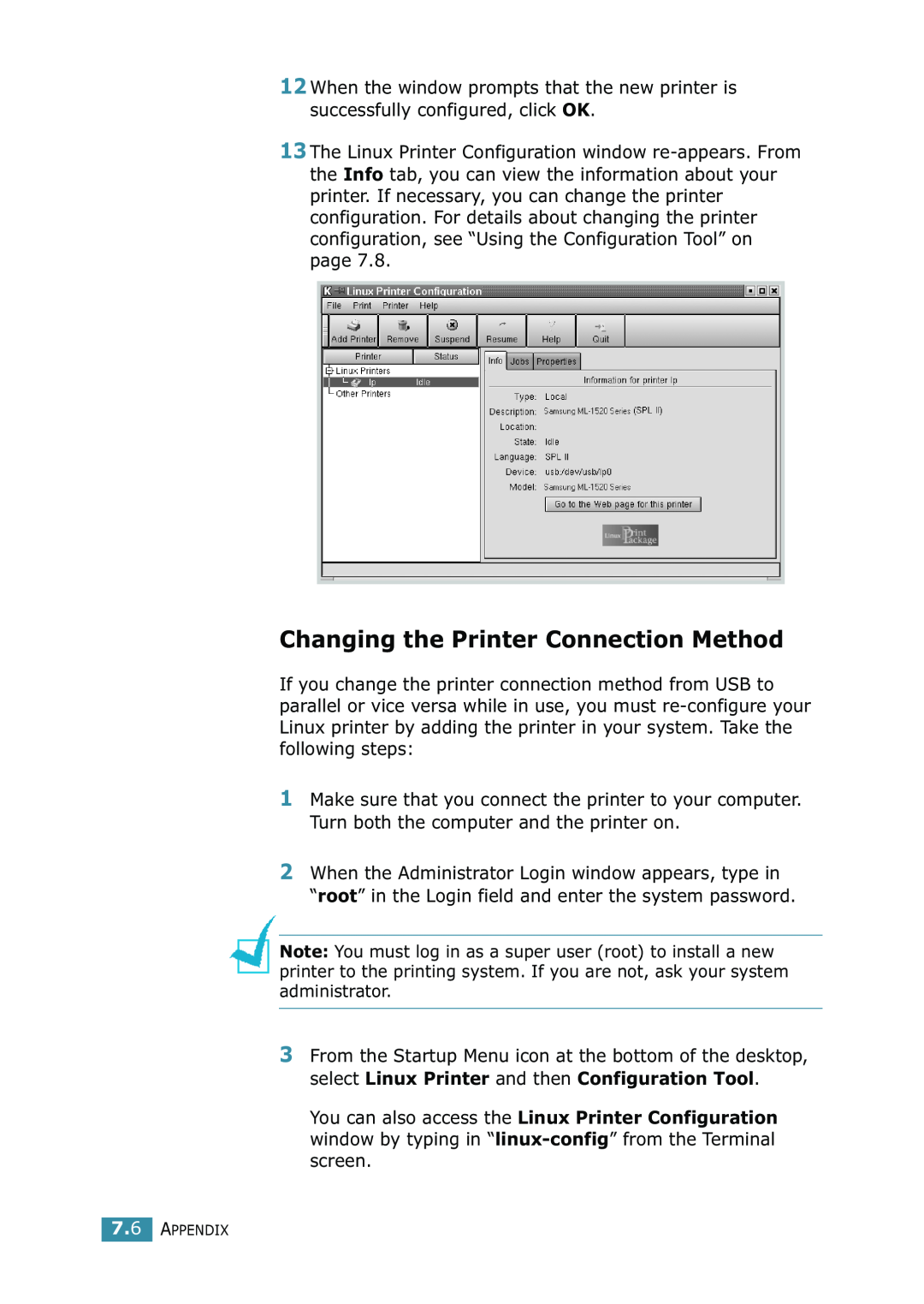 Samsung ML-1520 manual Changing the Printer Connection Method, Appendix 