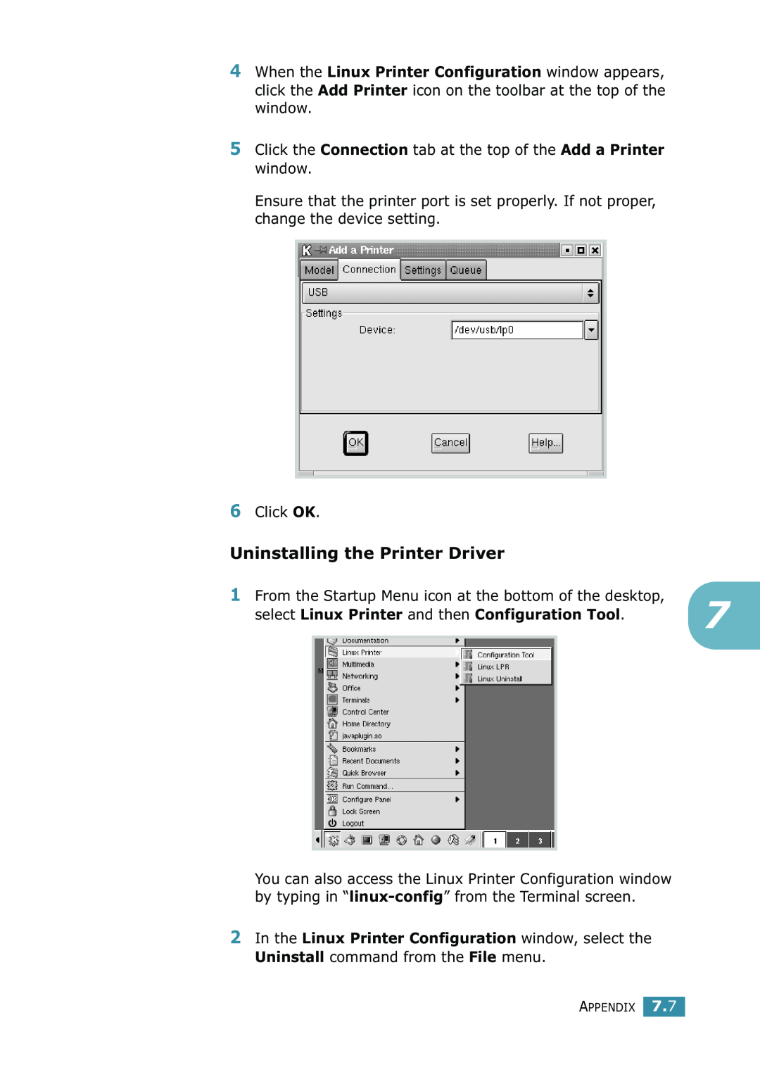 Samsung ML-1520 manual Uninstalling the Printer Driver, select Linux Printer and then Configuration Tool 