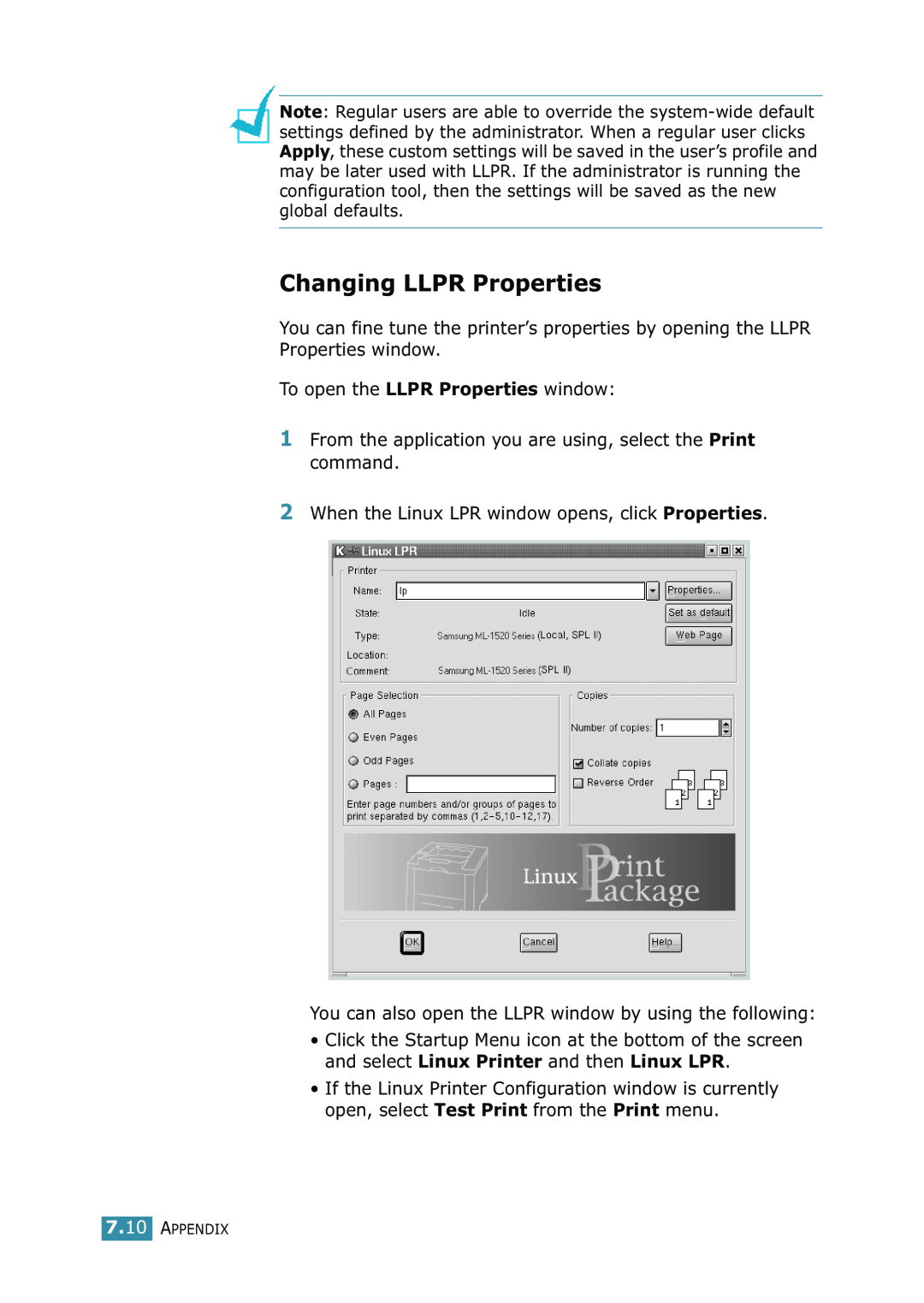 Samsung ML-1520 manual Changing LLPR Properties 
