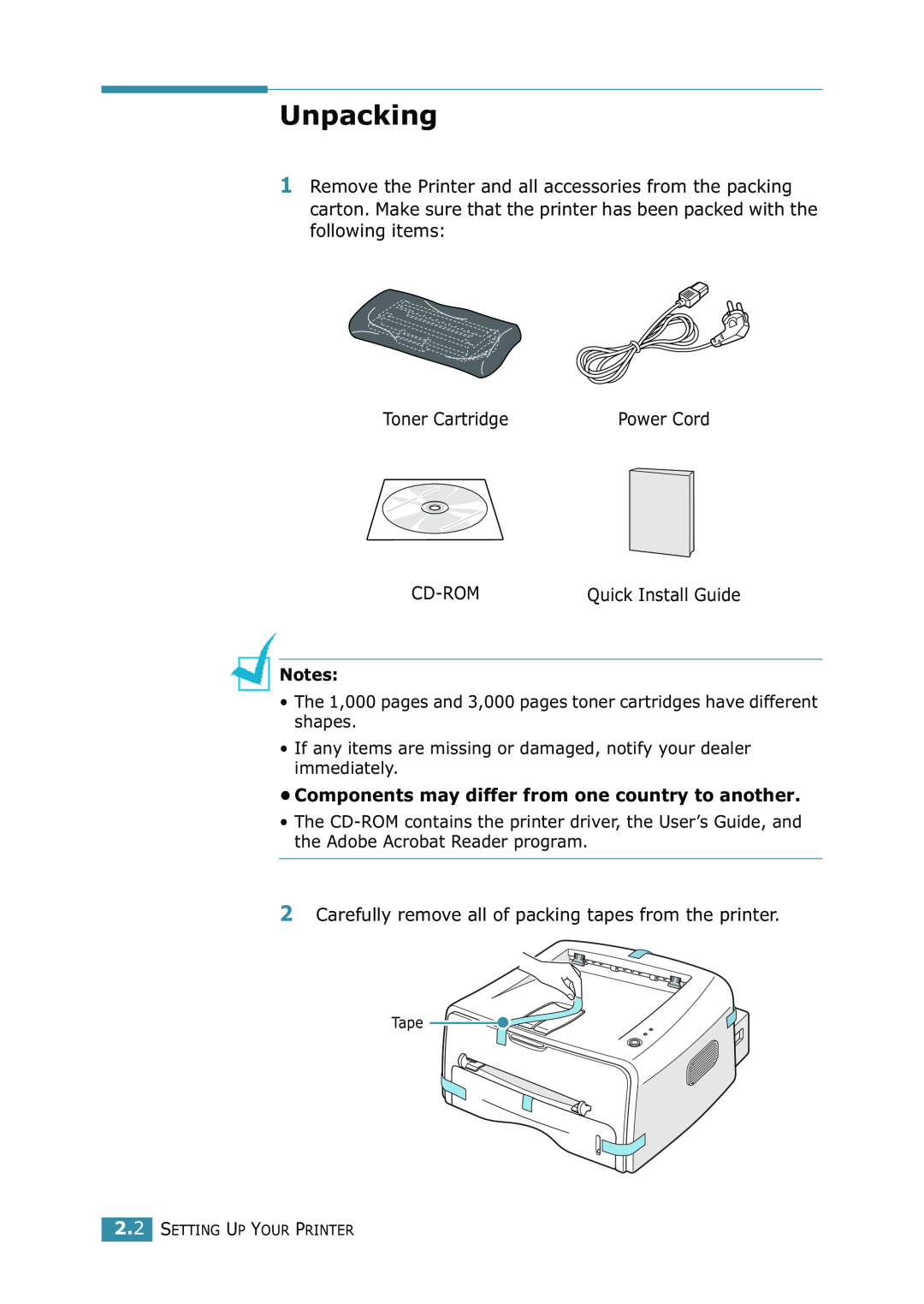 Samsung ML-1520 manual Unpacking, Components may differ from one country to another 