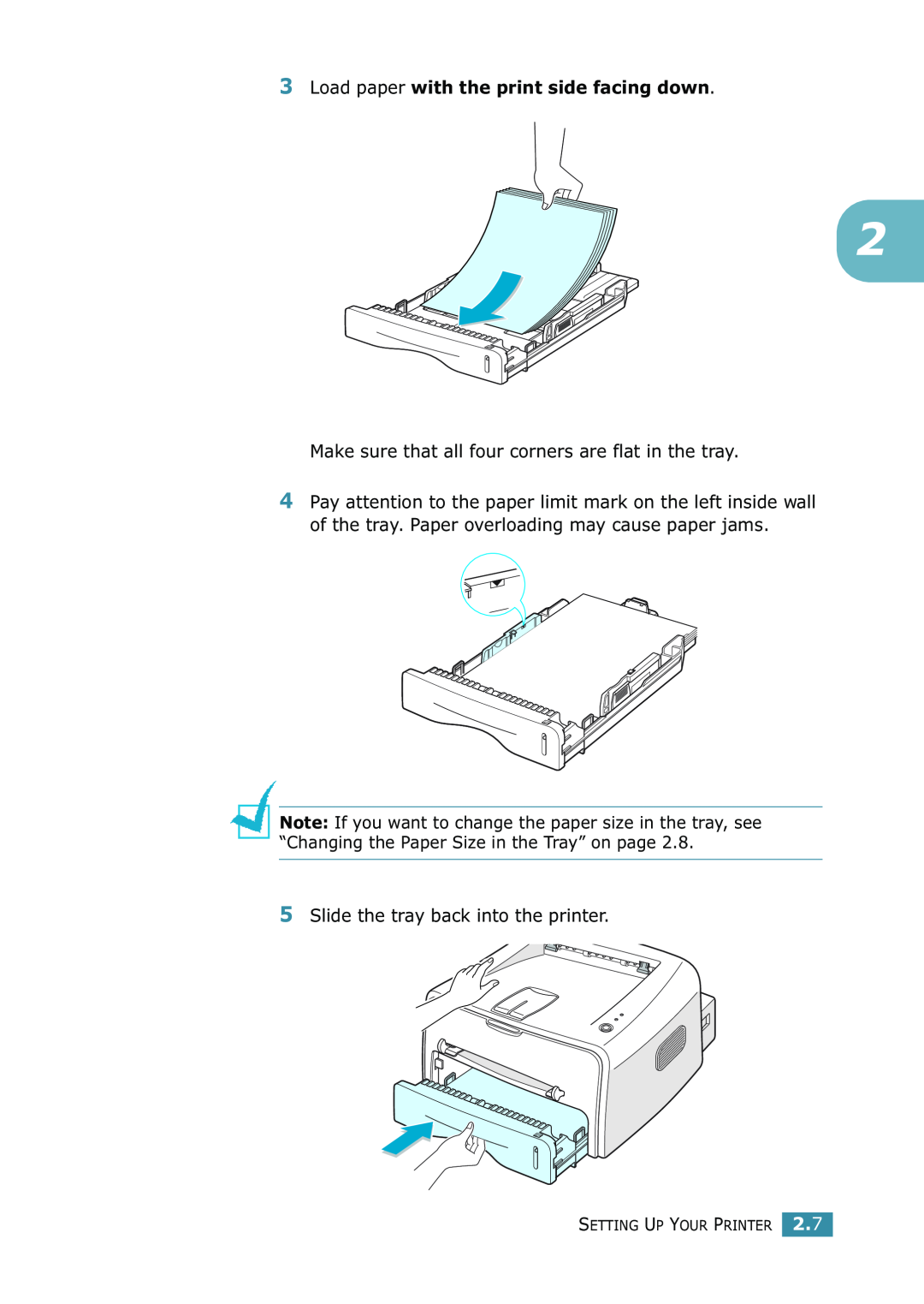 Samsung ML-1520 manual Load paper with the print side facing down, Make sure that all four corners are flat in the tray 