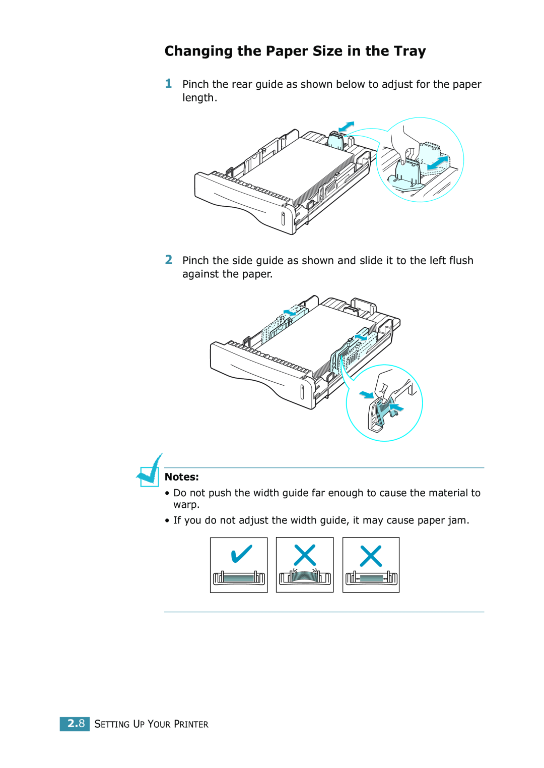 Samsung ML-1520 Changing the Paper Size in the Tray, Pinch the rear guide as shown below to adjust for the paper length 