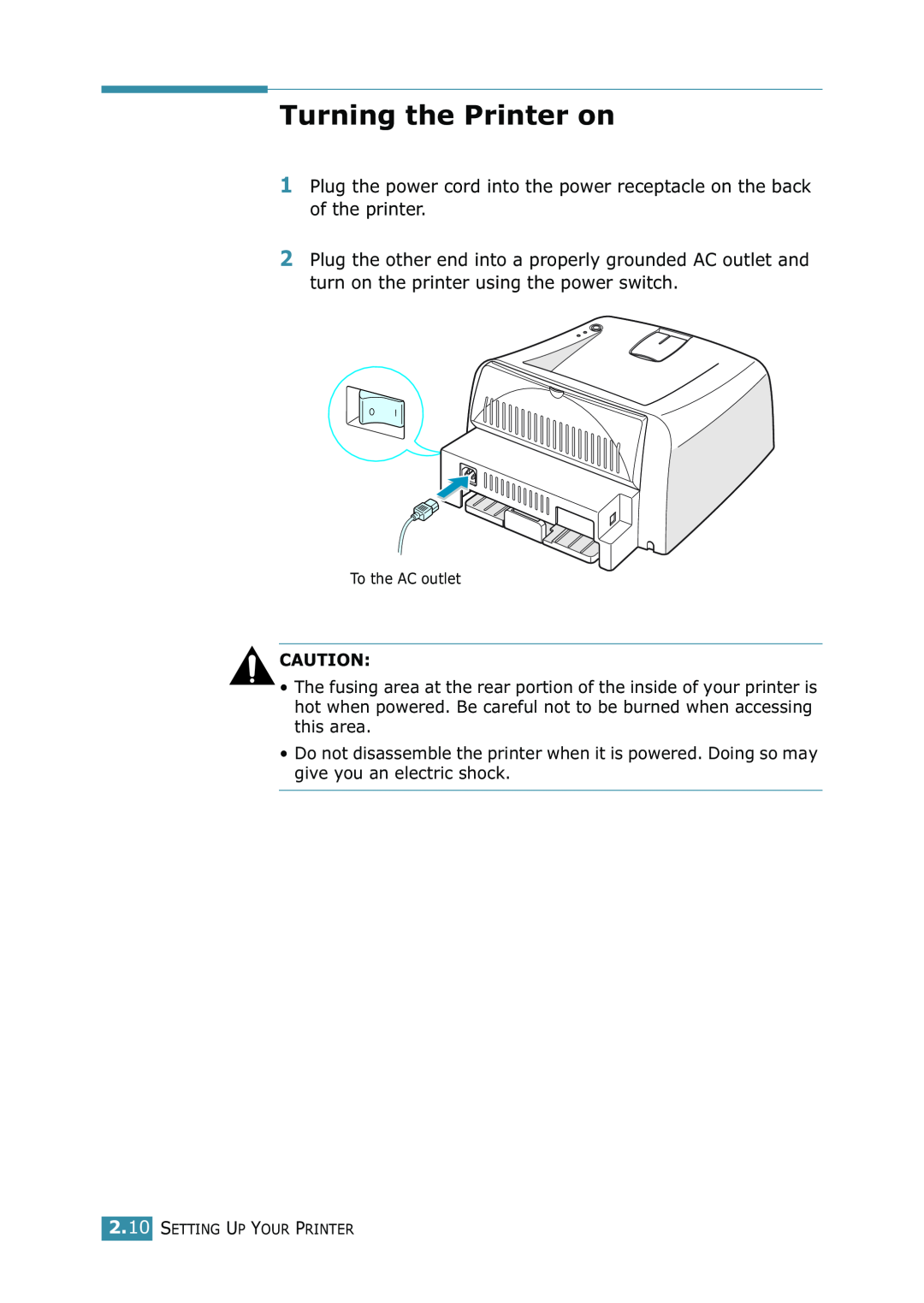 Samsung ML-1520 manual Turning the Printer on, To the AC outlet, Setting Up Your Printer 