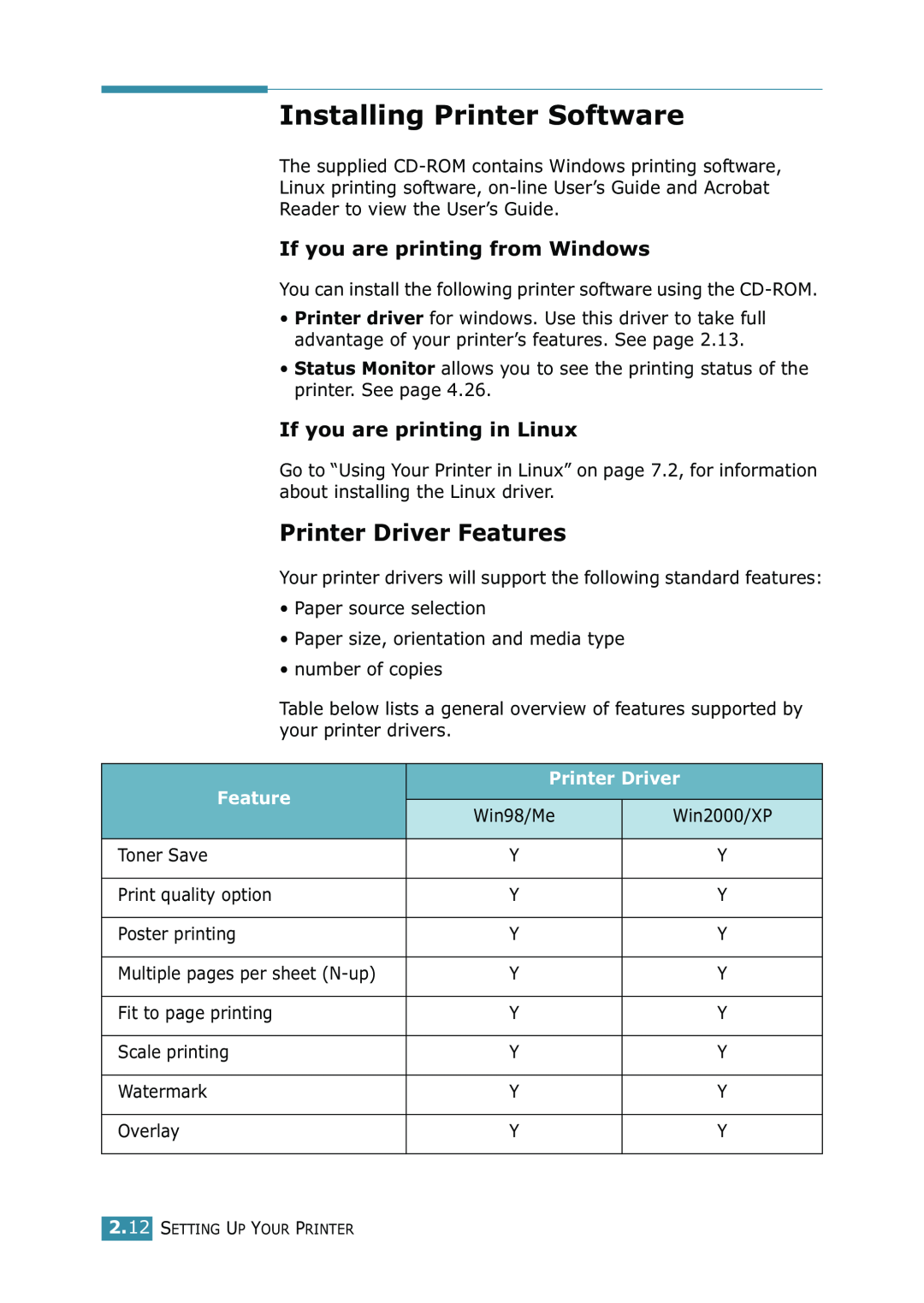 Samsung ML-1520 manual Installing Printer Software, Printer Driver Features, If you are printing from Windows 