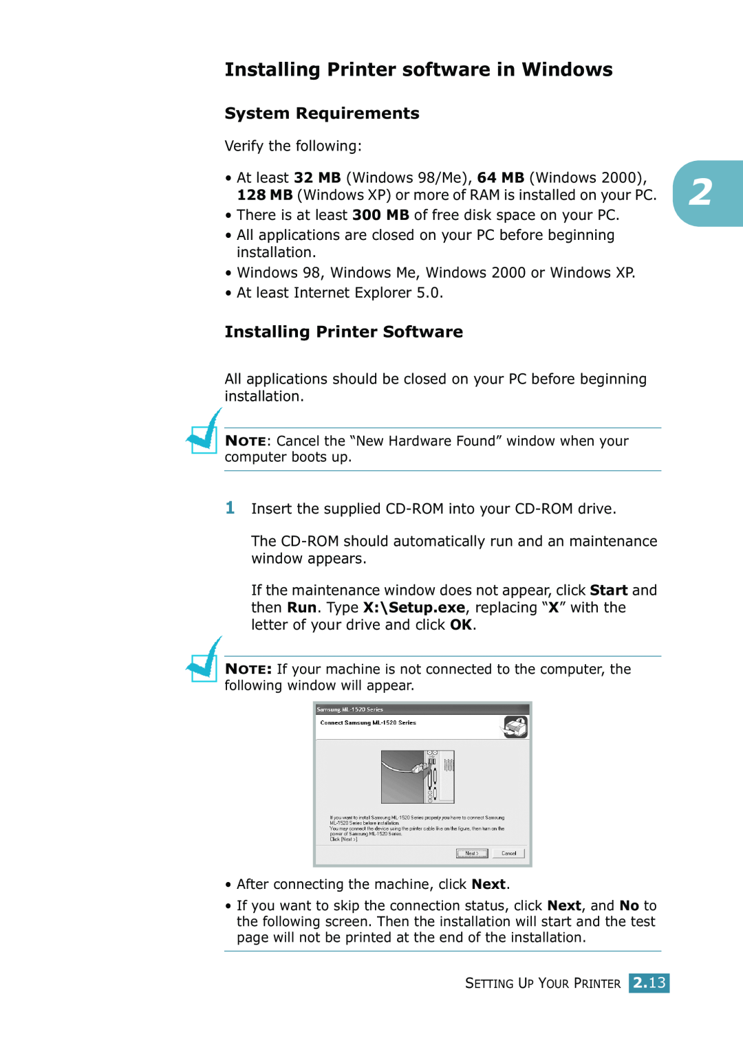Samsung ML-1520 manual Installing Printer software in Windows, System Requirements, Installing Printer Software 