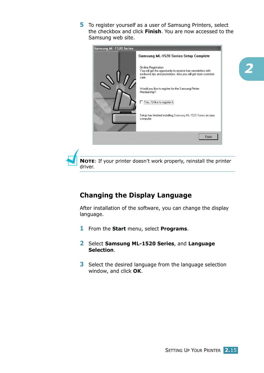 Samsung manual Changing the Display Language, Select Samsung ML-1520 Series, and Language Selection 