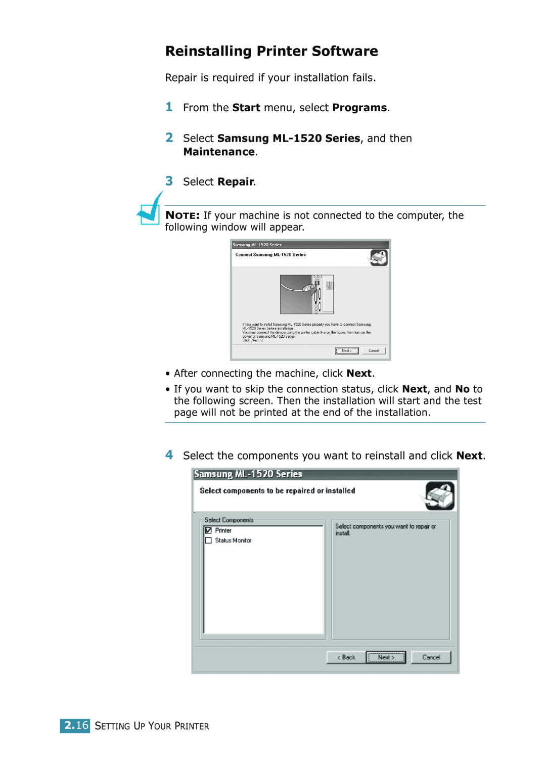 Samsung manual Reinstalling Printer Software, Select Samsung ML-1520 Series, and then Maintenance 