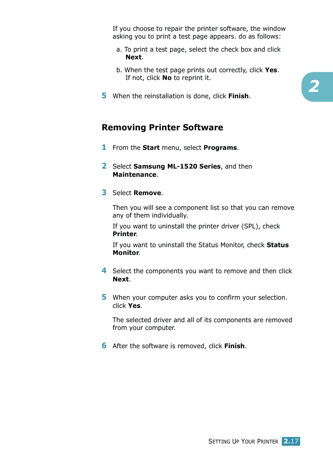 Samsung manual Removing Printer Software, Select Samsung ML-1520 Series, and then Maintenance 