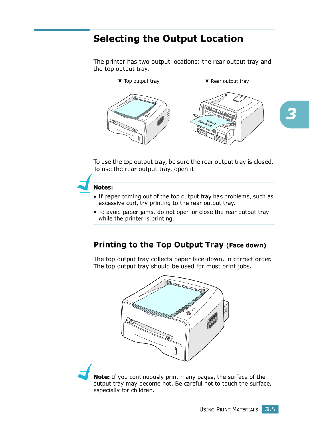 Samsung ML-1520 manual Selecting the Output Location, Printing to the Top Output Tray Face down 
