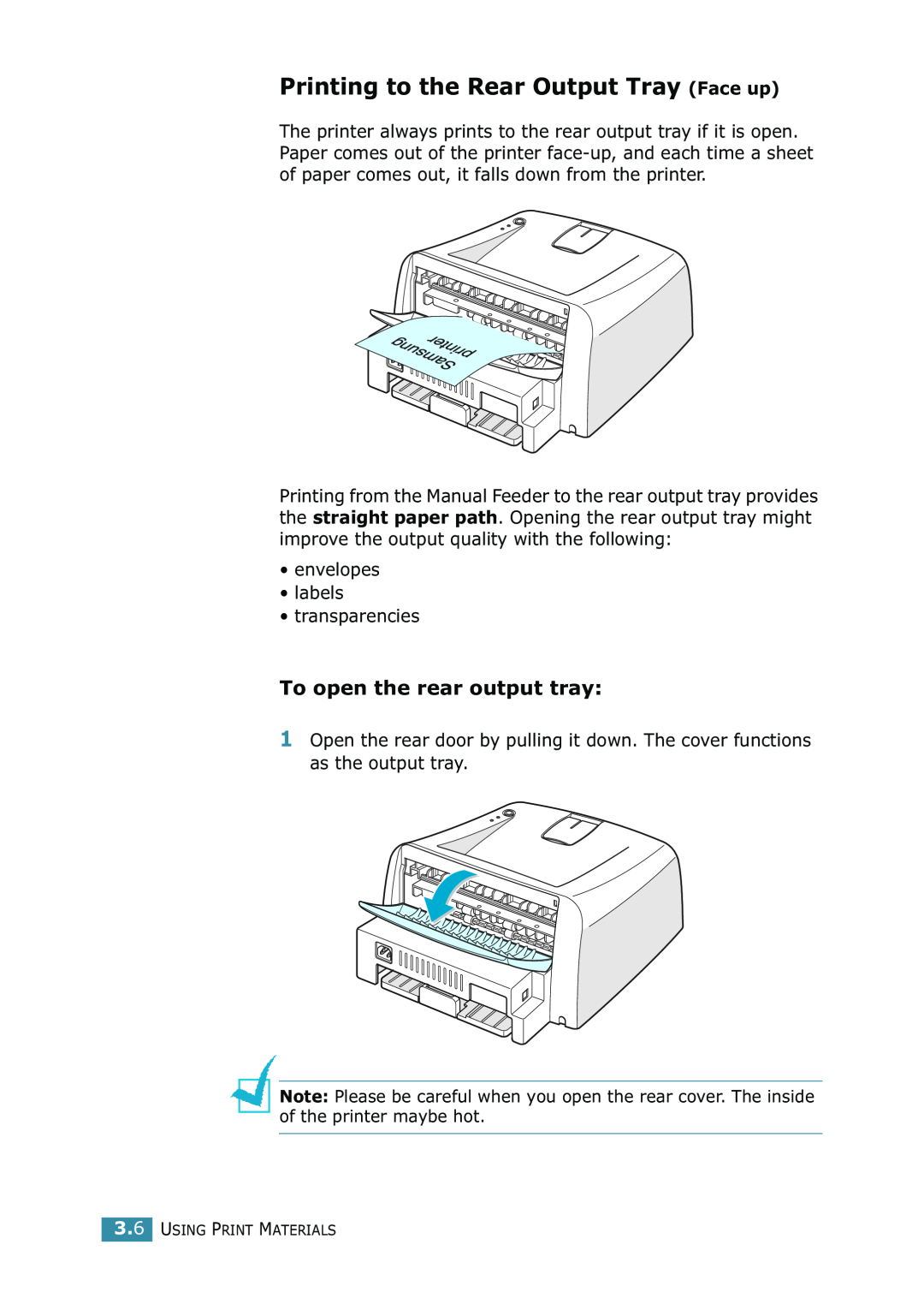 Samsung ML-1520 manual Printing to the Rear Output Tray Face up, To open the rear output tray 