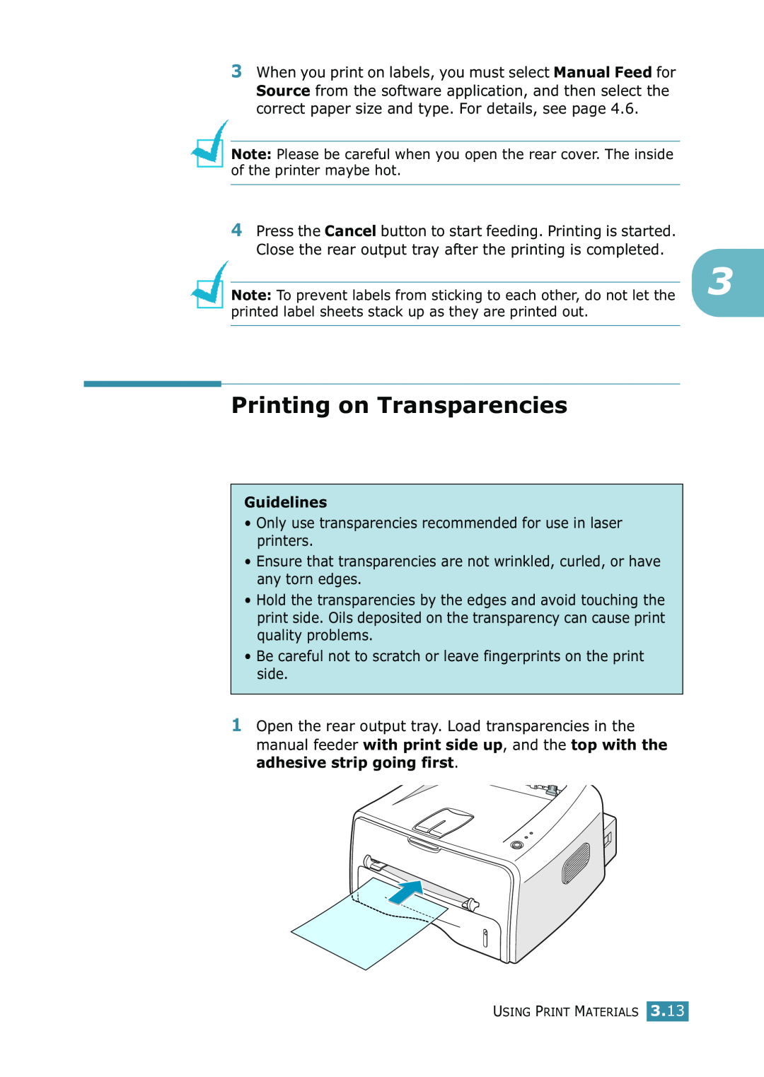Samsung ML-1520 manual Printing on Transparencies, Guidelines 