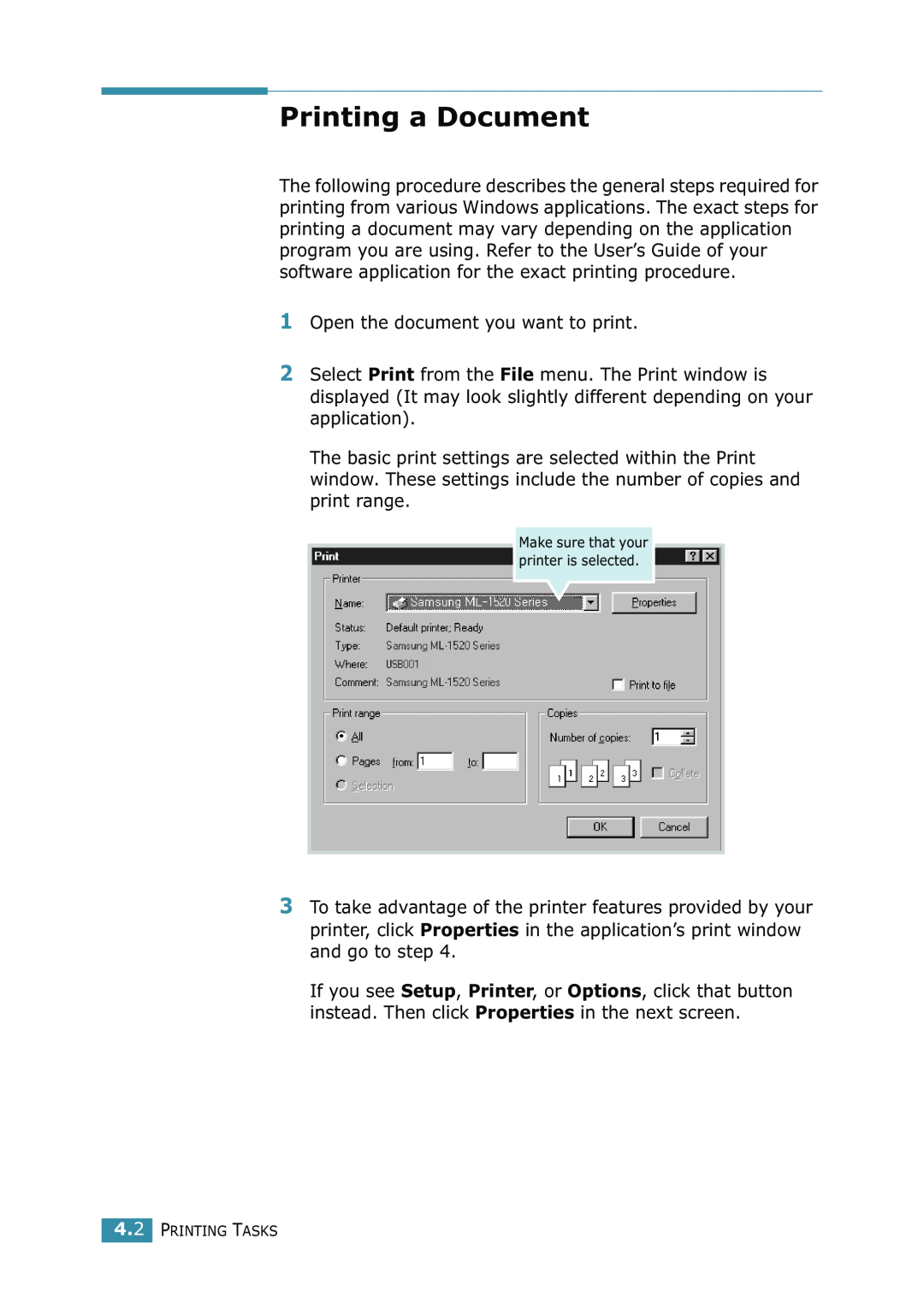 Samsung ML-1520 manual Printing a Document 