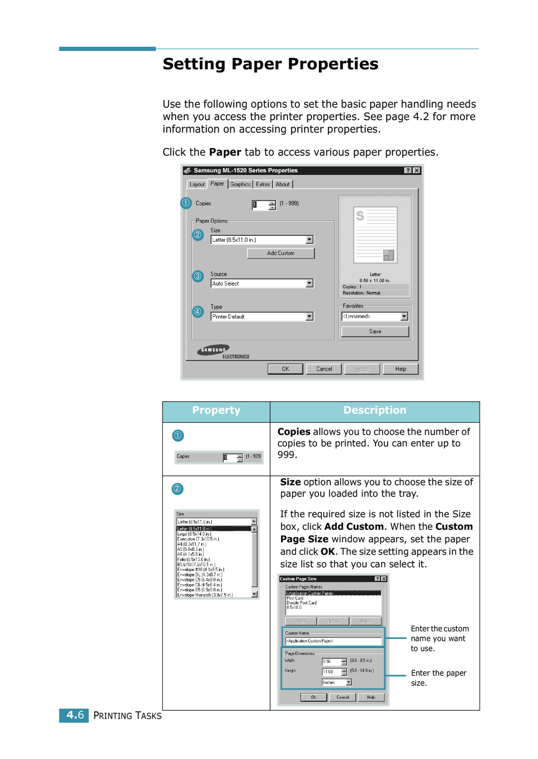 Samsung ML-1520 manual Setting Paper Properties, ➀ ➁ ➂ ➃, Property, Description 