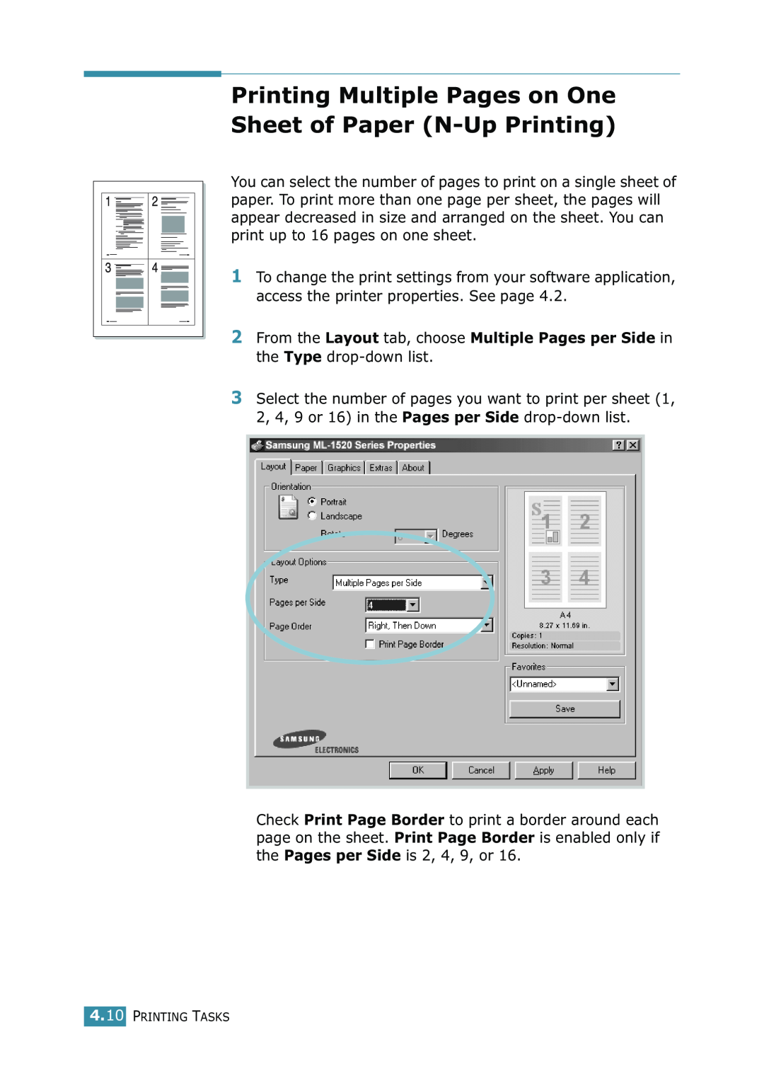 Samsung ML-1520 manual Printing Multiple Pages on One Sheet of Paper N-Up Printing, Printing Tasks 