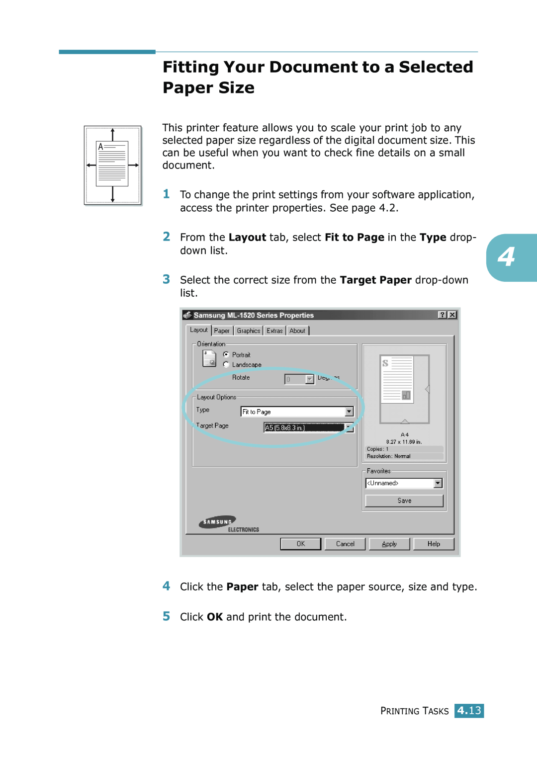Samsung ML-1520 manual Fitting Your Document to a Selected Paper Size 