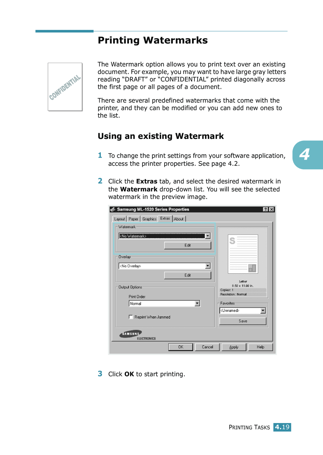 Samsung ML-1520 manual Printing Watermarks, Using an existing Watermark 