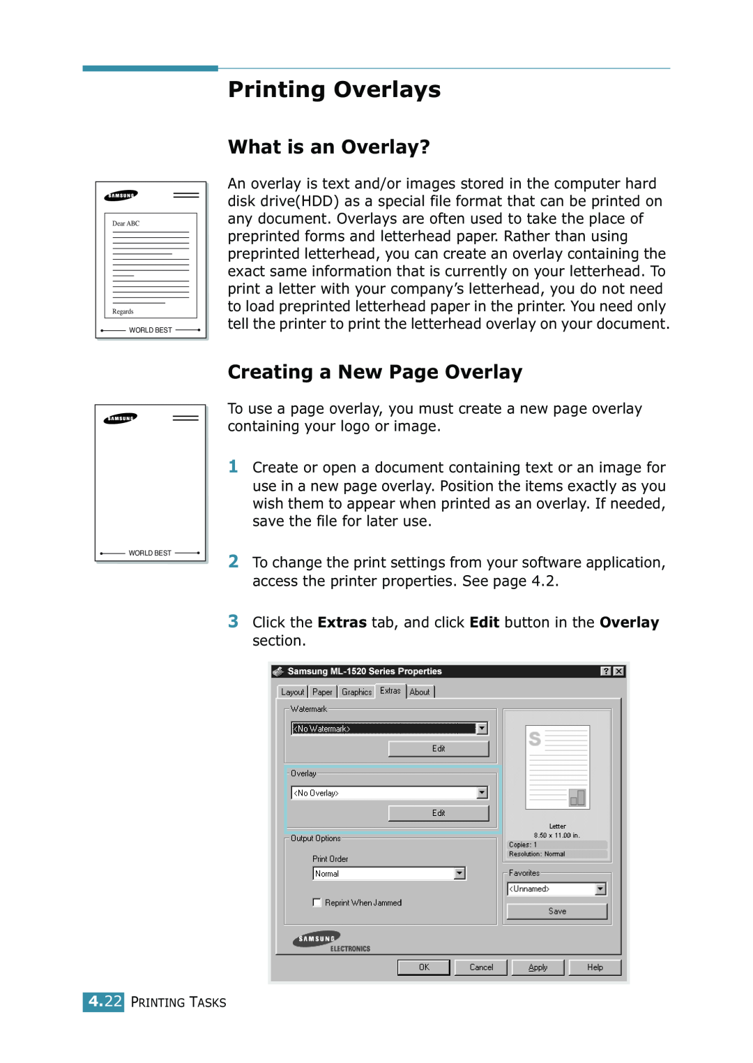 Samsung ML-1520 manual Printing Overlays, What is an Overlay?, Creating a New Page Overlay 