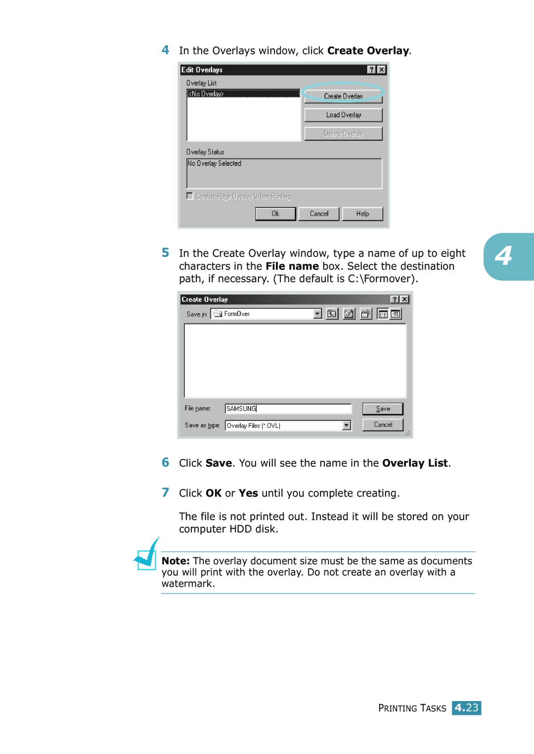 Samsung ML-1520 manual In the Overlays window, click Create Overlay 