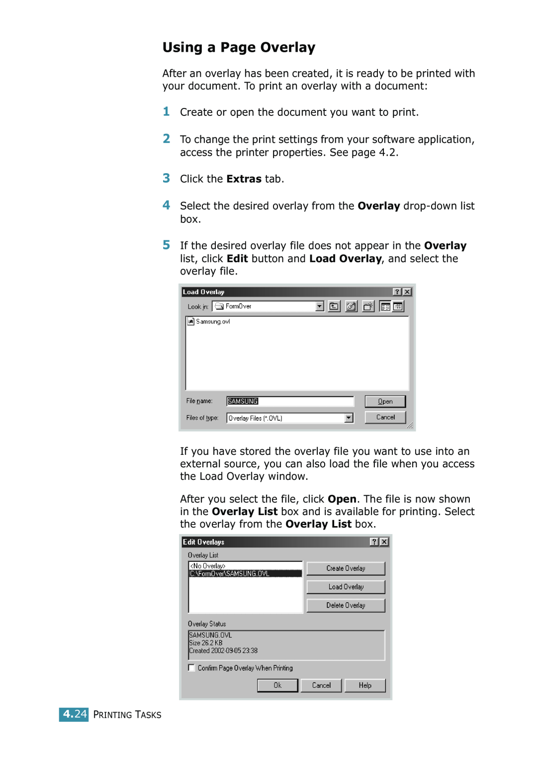 Samsung ML-1520 manual Using a Page Overlay, Printing Tasks 