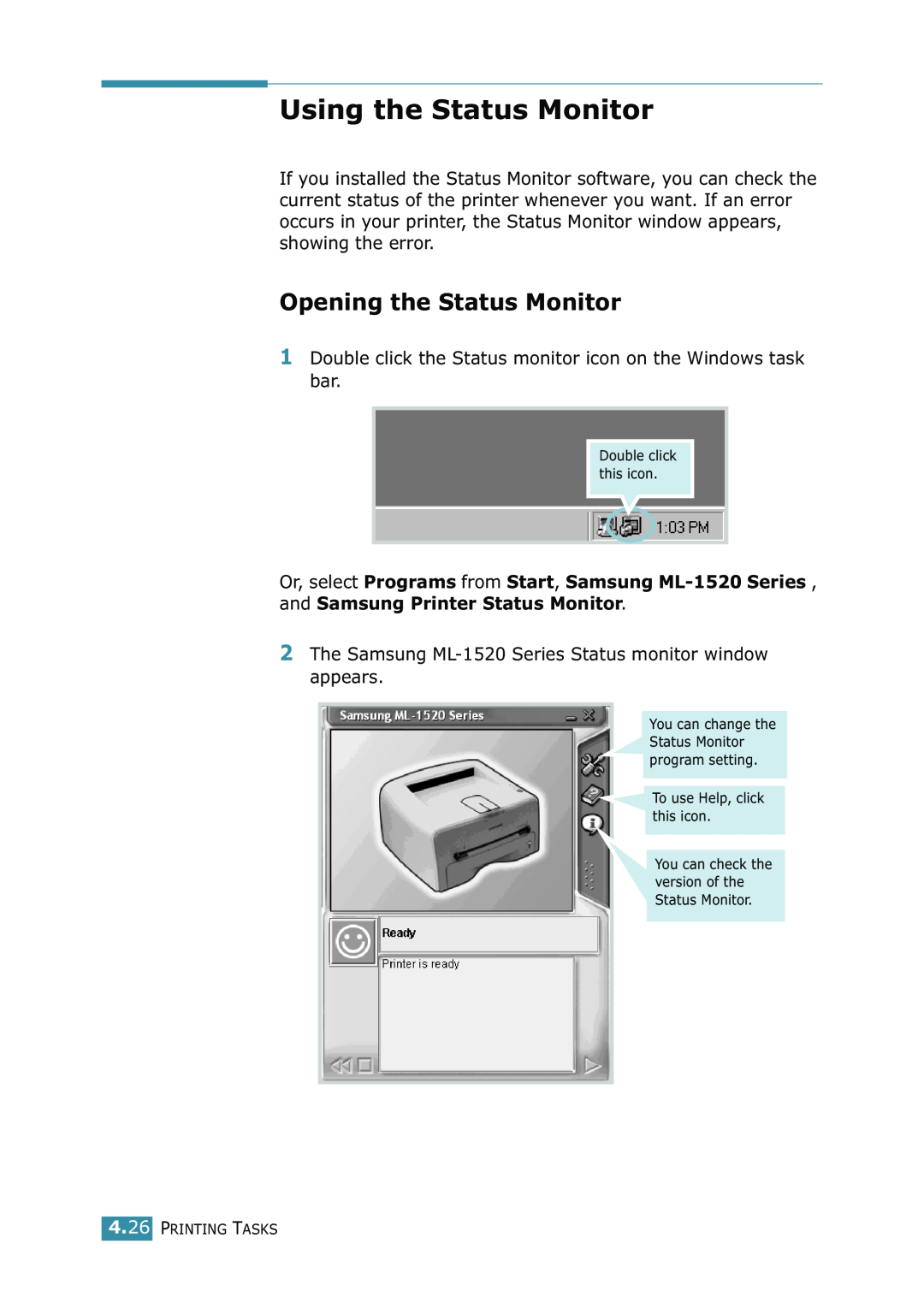 Samsung ML-1520 manual Using the Status Monitor, Opening the Status Monitor 