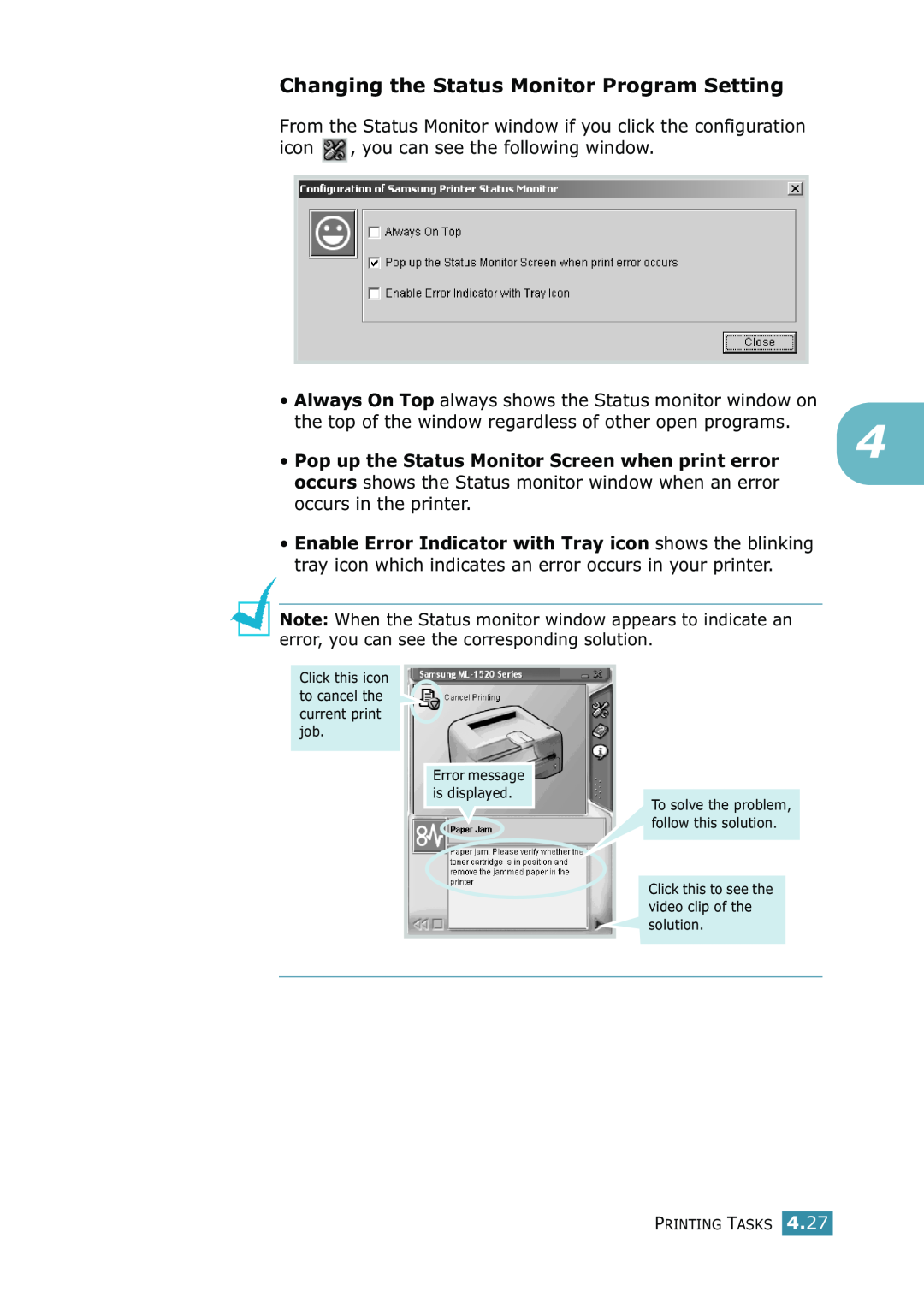 Samsung ML-1520 manual Changing the Status Monitor Program Setting, Pop up the Status Monitor Screen when print error 