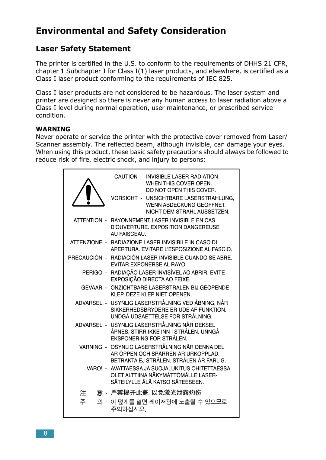 Samsung ML-1520 manual Environmental and Safety Consideration, Laser Safety Statement 