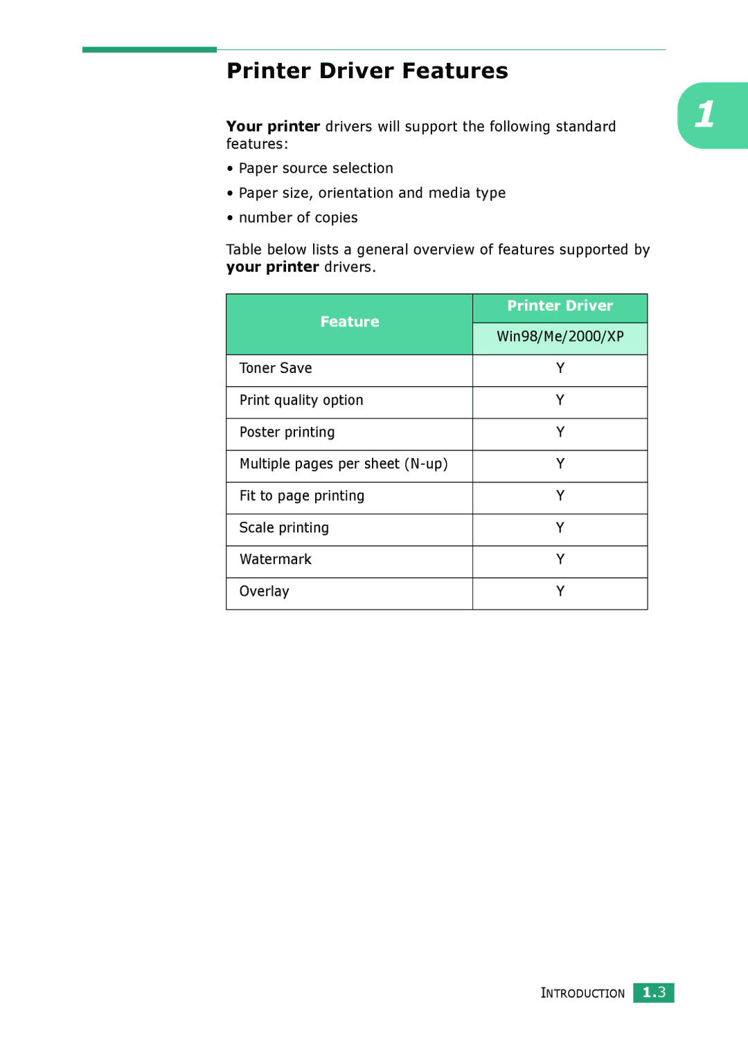 Samsung ML-1610 manual Printer Driver Features, Feature Printer Driver 