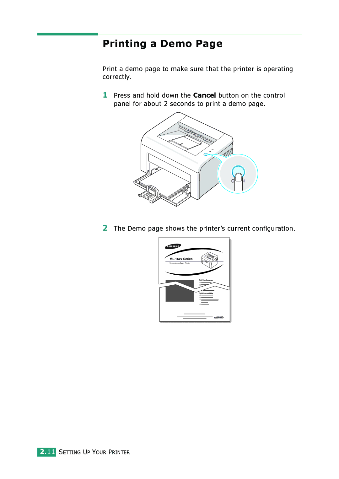 Samsung ML-1610 manual Printing a Demo, Demo page shows the printer’s current configuration 