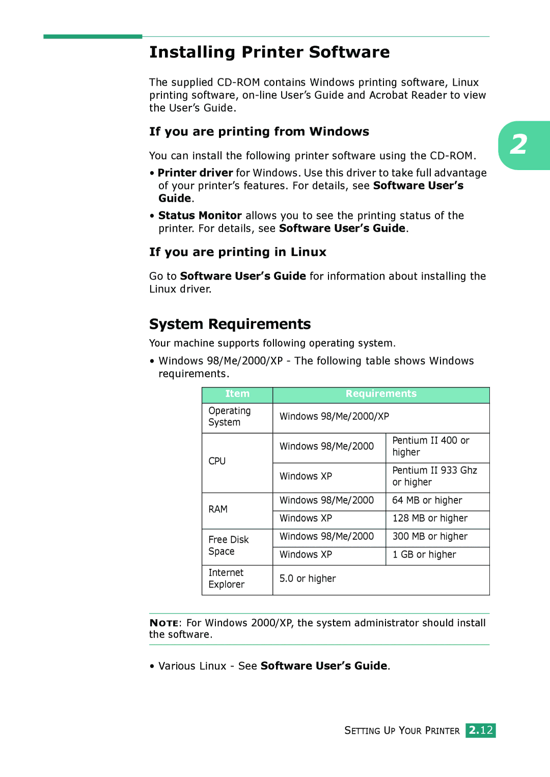 Samsung ML-1610 manual Installing Printer Software, System Requirements, Various Linux See Software User’s Guide 