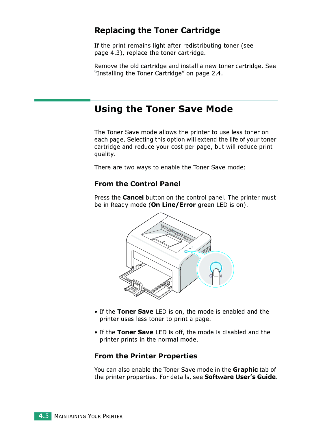 Samsung ML-1610 manual Using the Toner Save Mode, Replacing the Toner Cartridge 