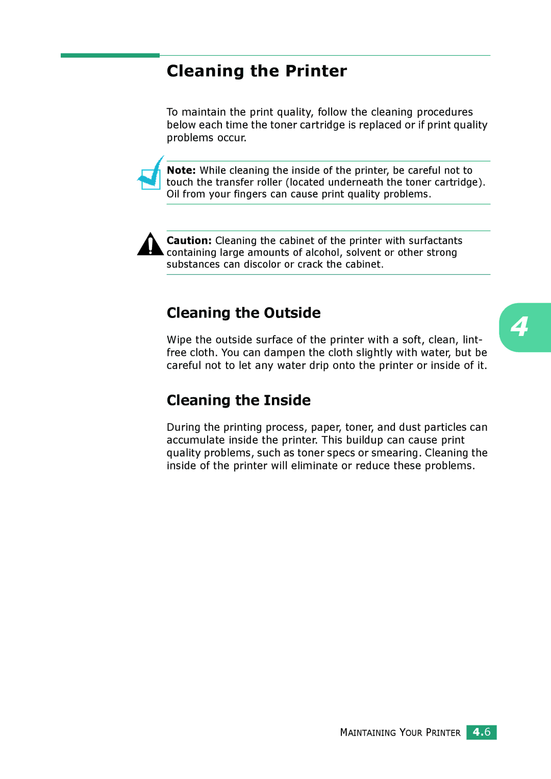 Samsung ML-1610 manual Cleaning the Printer, Cleaning the Outside, Cleaning the Inside 