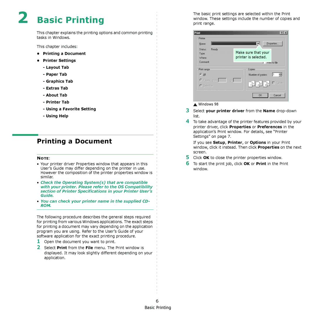 Samsung ML-1610 manual Printing a Document, Basic Printing, Select your printer driver from the Name drop-down list 