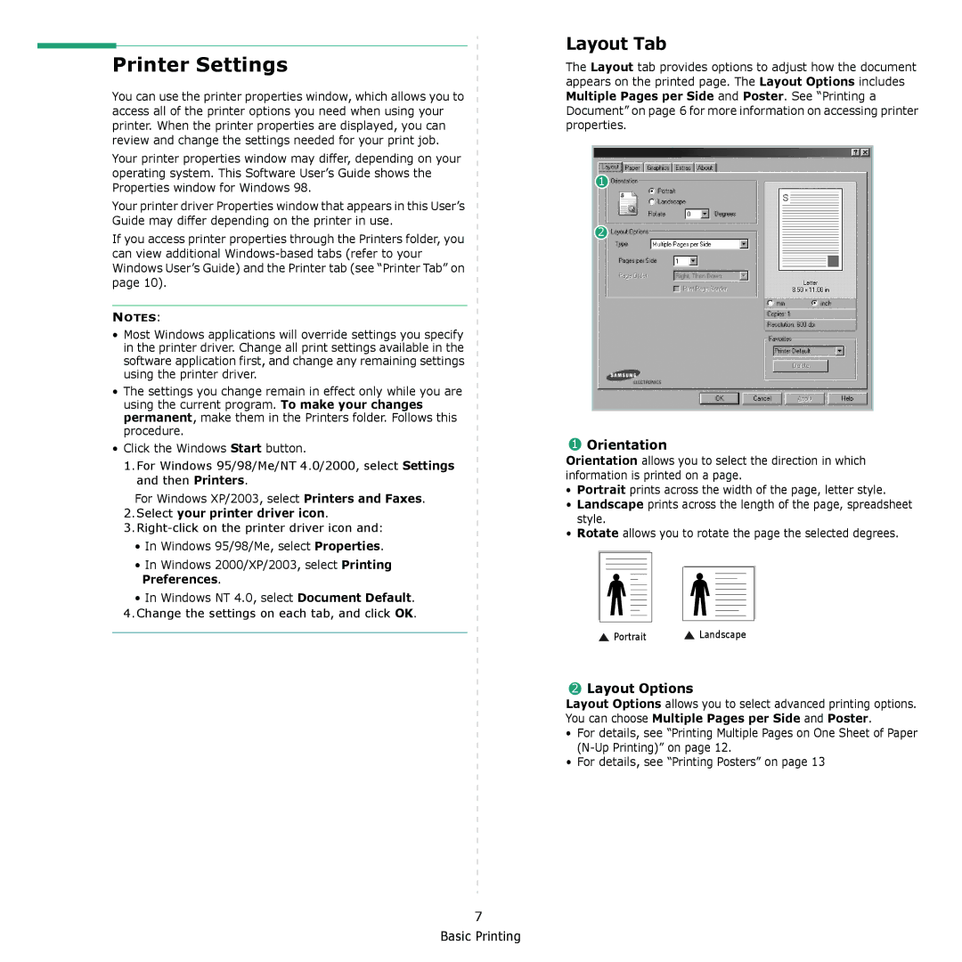 Samsung ML-1610 manual Printer Settings, Layout Tab, Orientation, Layout Options, Select your printer driver icon 