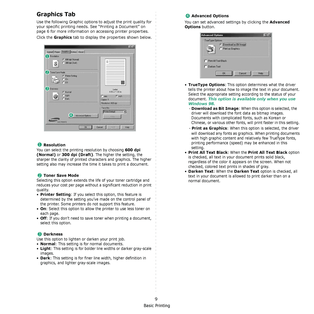 Samsung ML-1610 manual Graphics Tab, Resolution, Toner Save Mode, Darkness, Advanced Options 