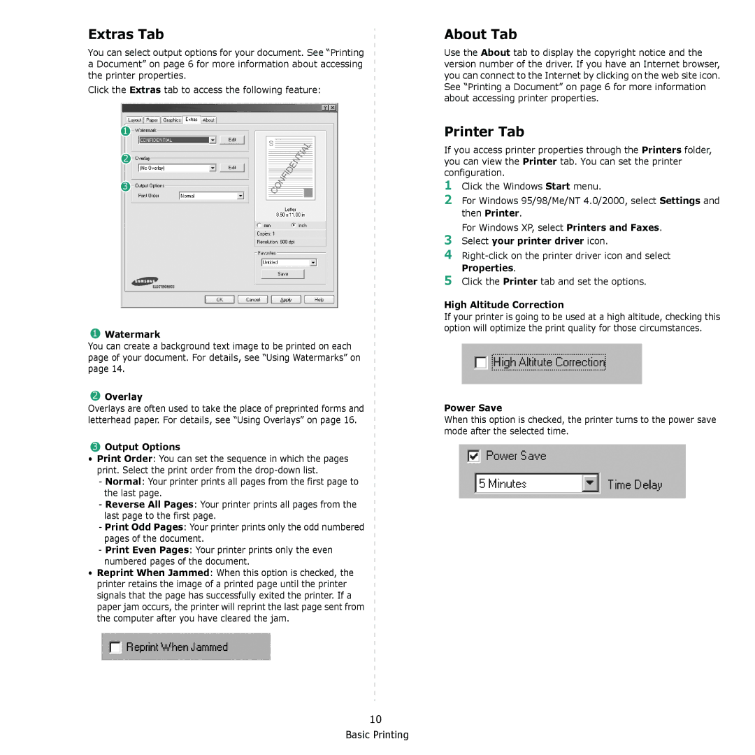 Samsung ML-1610 manual Extras Tab, About Tab, Printer Tab 