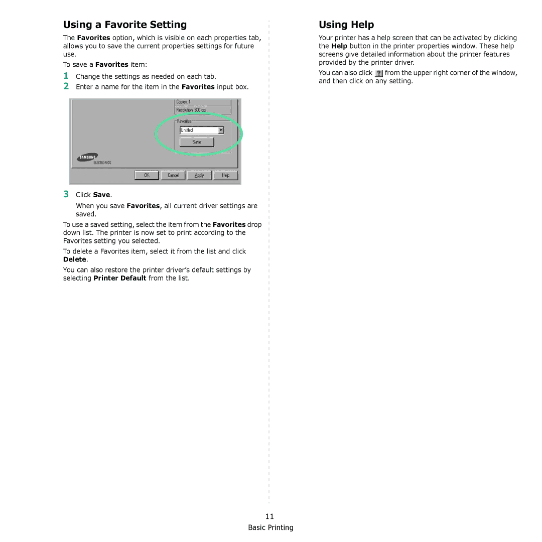 Samsung ML-1610 manual Using a Favorite Setting, Using Help 