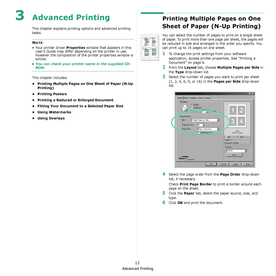 Samsung ML-1610 manual Advanced Printing, Printing Multiple Pages on One Sheet of Paper N-Up Printing 