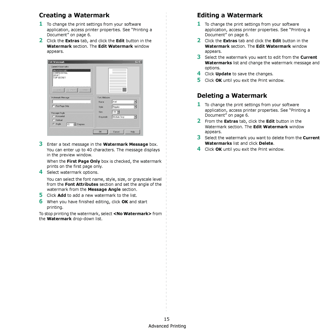 Samsung ML-1610 manual Creating a Watermark, Editing a Watermark, Deleting a Watermark 